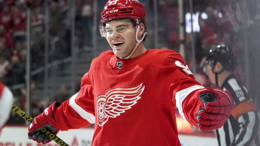 DeBrincat scores twice, Red Wings use first-period flurry to overwhelm Blues 6-1