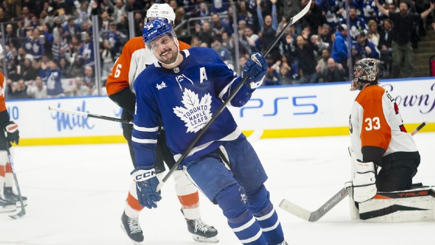 Matthews nets hat trick, Nylander scores in OT lifting Maple Leafs over Flyers 4-3