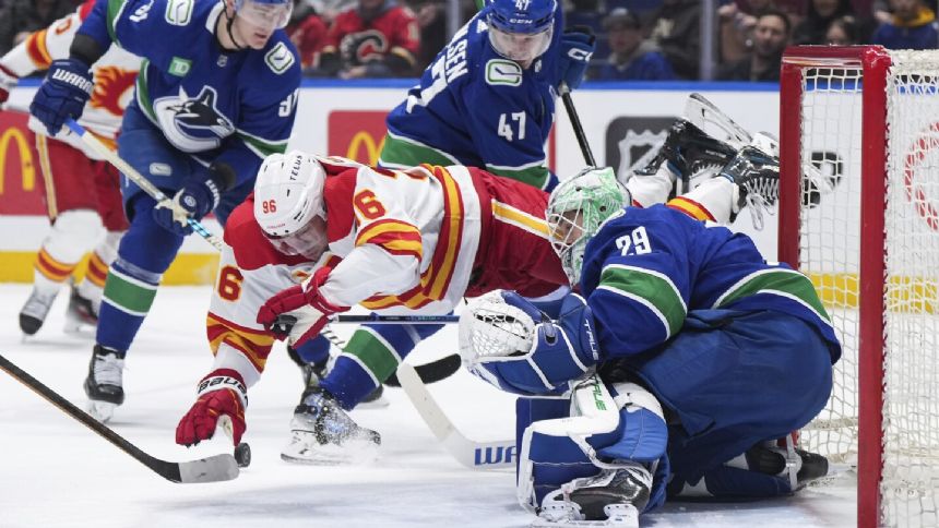 Nils Hoglander scores twice, Canucks beat Flames 4-2 to tie Rangers for NHL lead