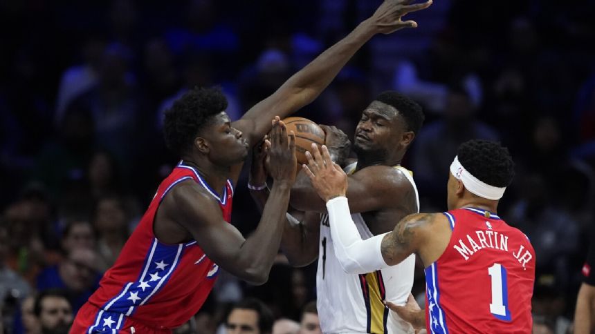 Pelicans charge to a 36-point lead, hold on to beat the slumping 76ers 103-95