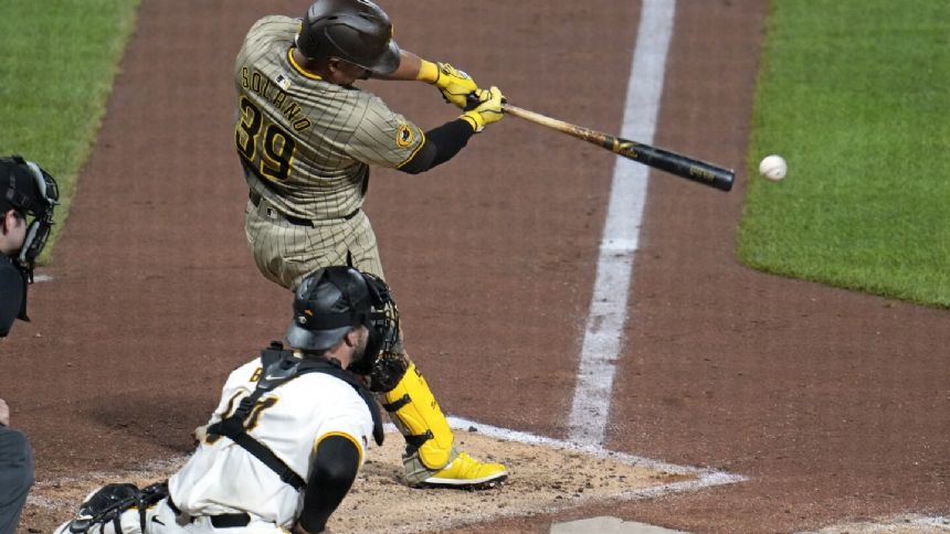 Solano drives in 4 runs, Padres use 6 pitchers to blank Pirates 6-0 in a game with 3-hour rain delay