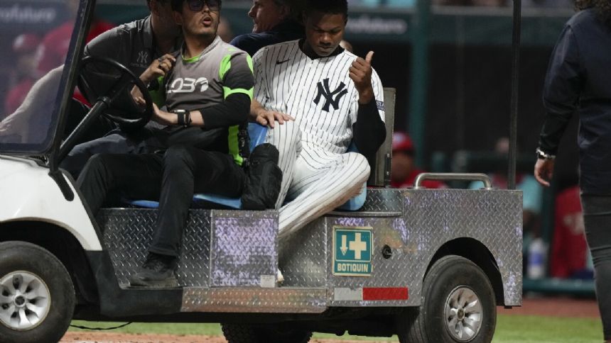 Yankees OF Oscar Gonzalez taken to hospital with eye contusion after fouling ball off face in Mexico